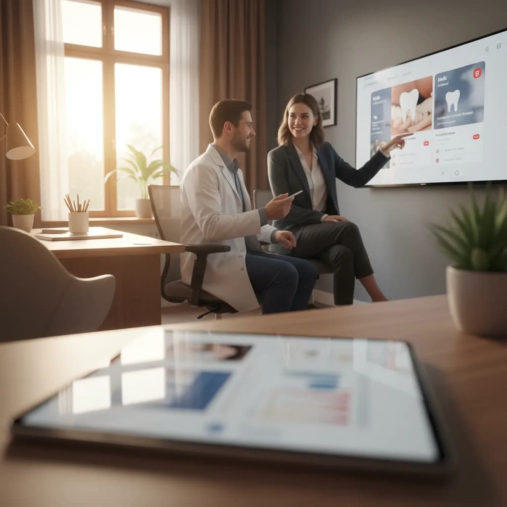 Dentist reviewing Facebook Ads results on laptop with smiling patients photos, targeting local families and patient offers