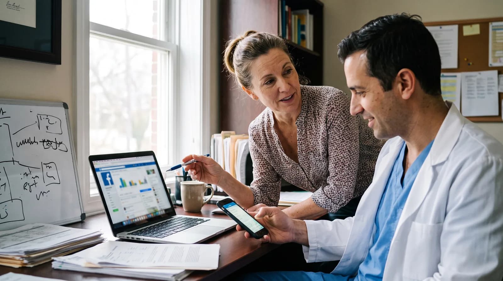 Facebook marketing for dentists: a dentist and office manager reviewing the practice Facebook page on a laptop and phone