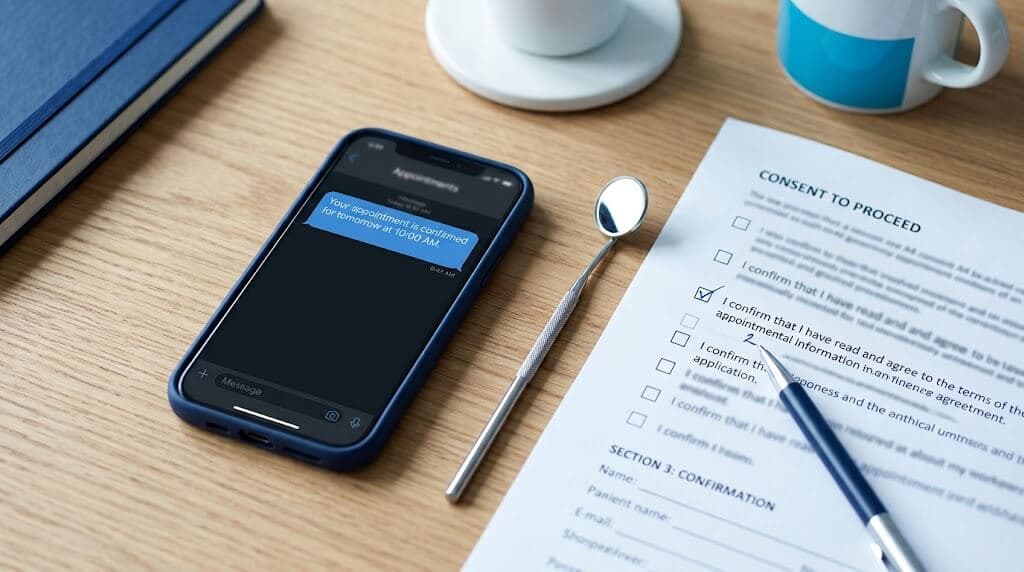 Is texting patients HIPAA compliant: dental front desk reviewing a compliant patient text template