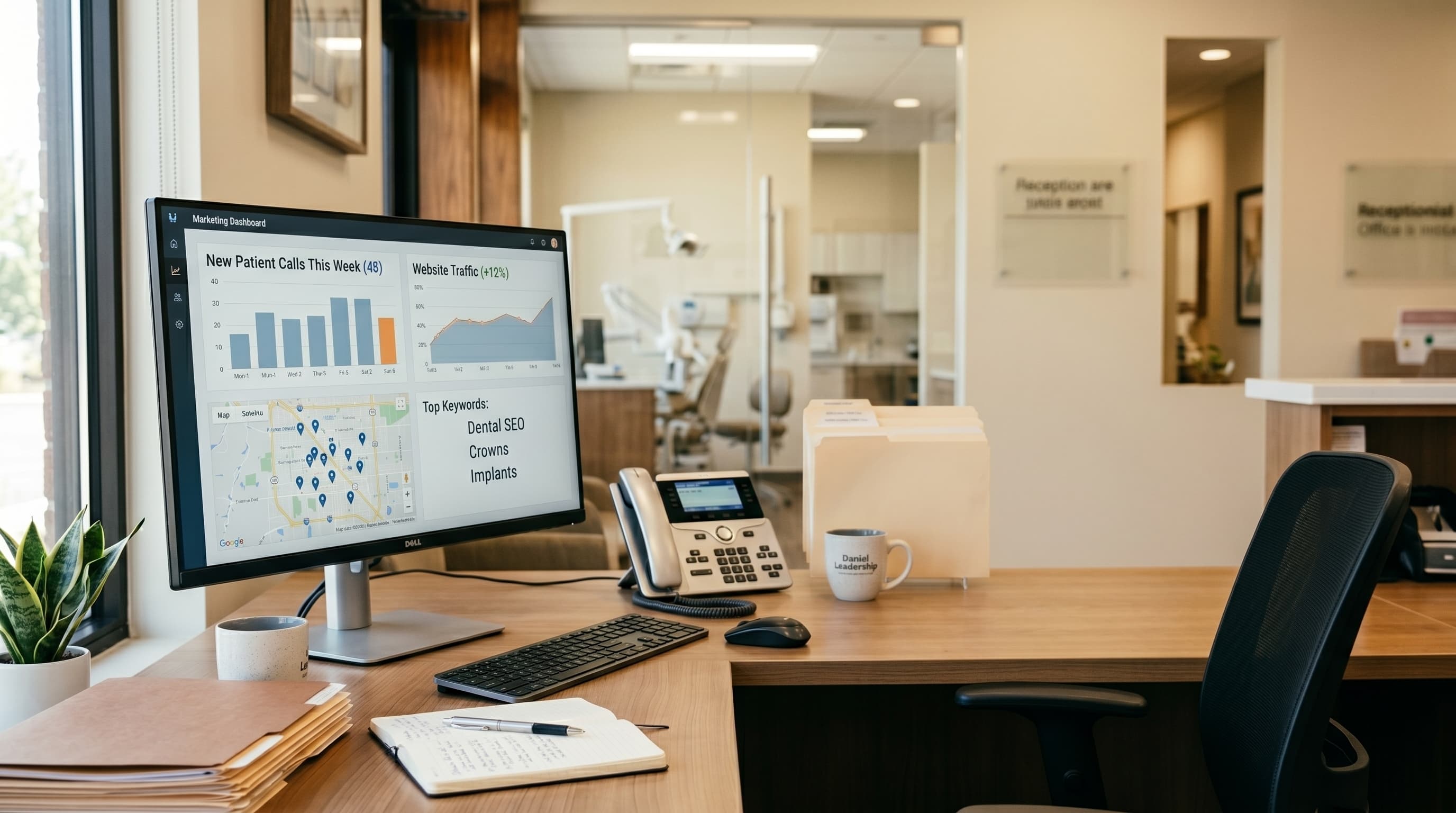 Dental practice team reviewing Google Ads dashboard while front desk receives a new patient call