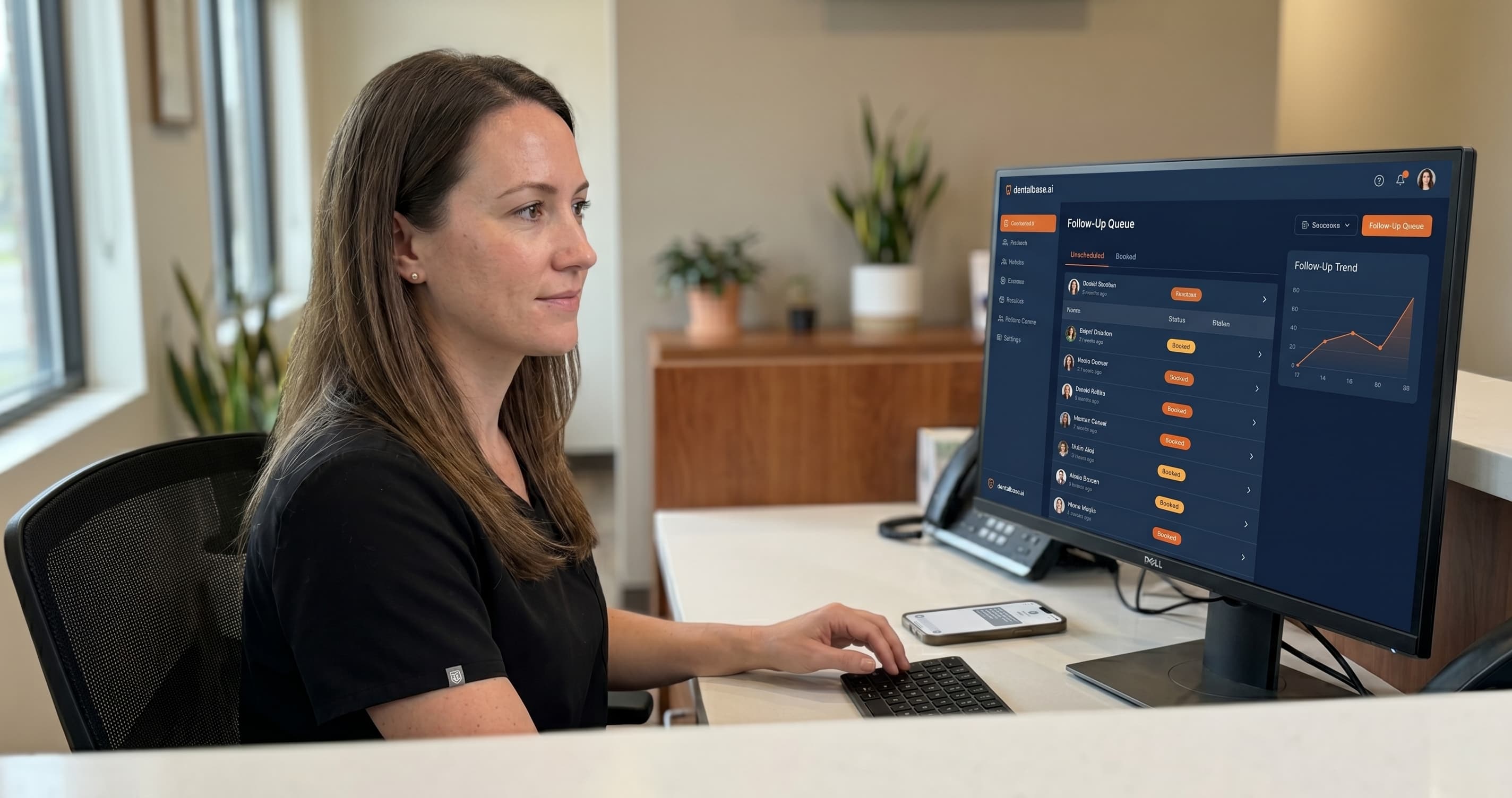 Dentist reviewing an AI follow-up dashboard for unscheduled treatment plans on a desktop computer