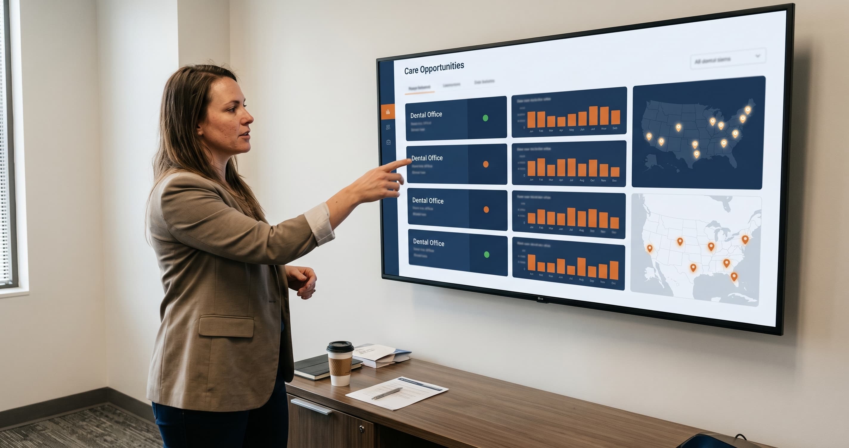 Dentist analyzing multi-location DSO practice data on a glowing, transparent AI-powered US map display.