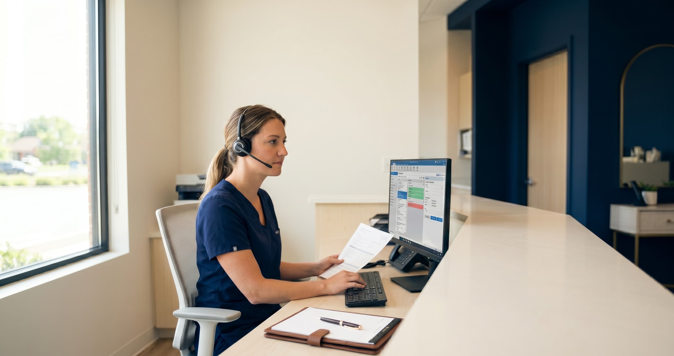 A happy dental receptionist manages automated follow-up calls on a computer, and a patient checks their phone notification.