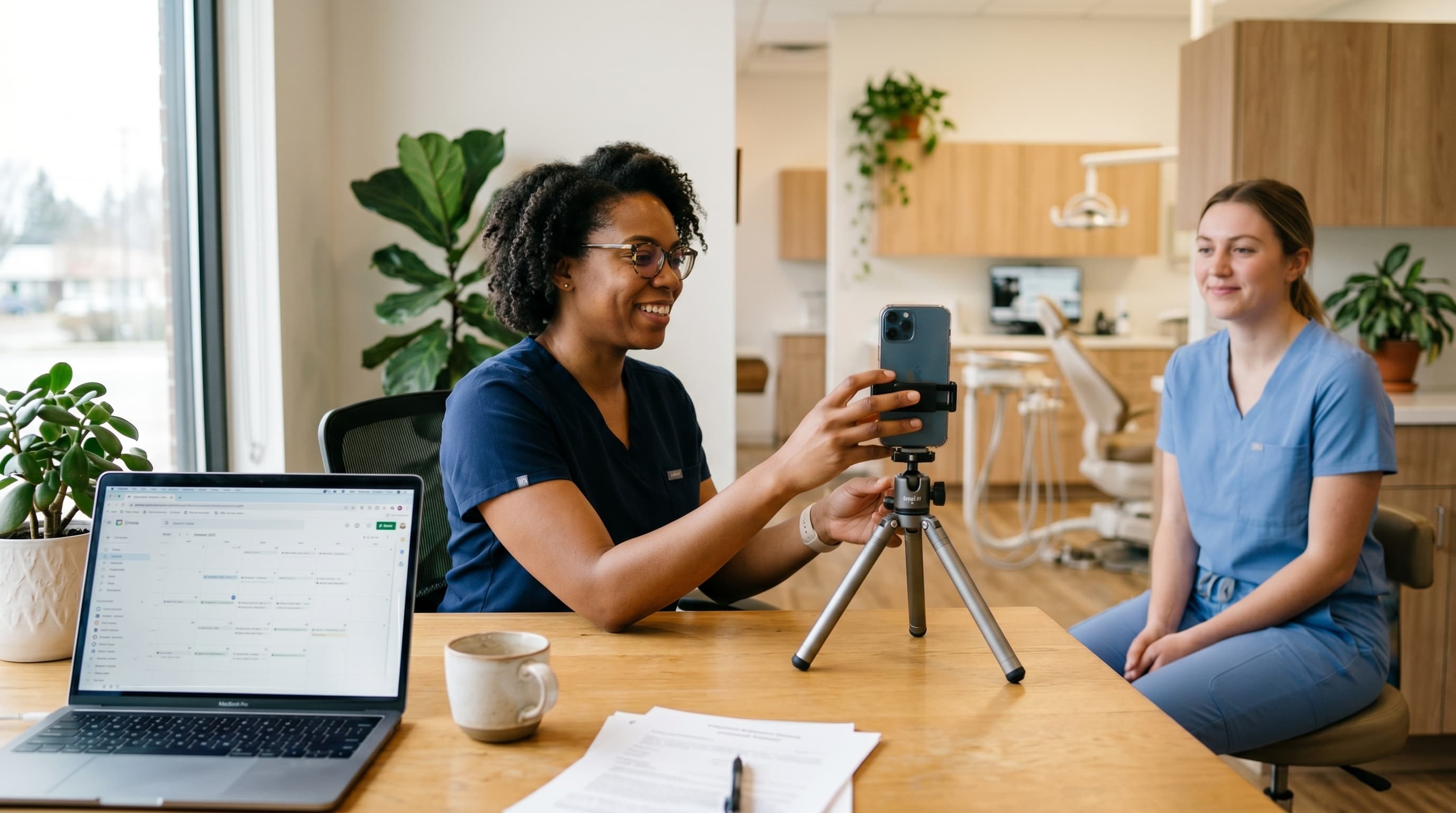 Dental team planning a social media marketing system on a laptop in a modern practice