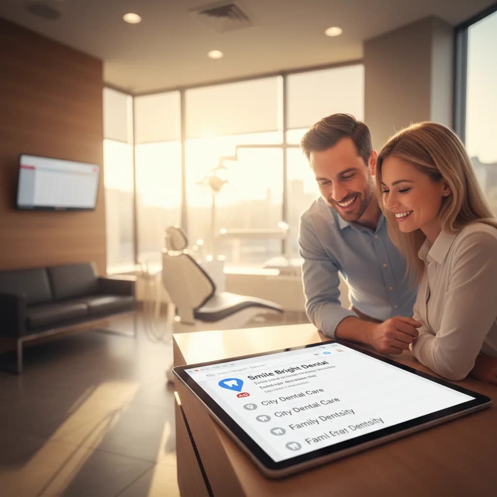 A glowing navy dental location pin towering above smaller grey competitor pins on a stylized Google Maps city street grid, representing Google Maps ads for dentists showing up first in local search.