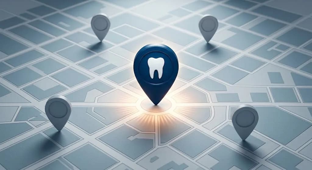 A glowing navy dental location pin towering above smaller grey competitor pins on a stylized Google Maps city street grid, representing Google Maps ads for dentists showing up first in local search.