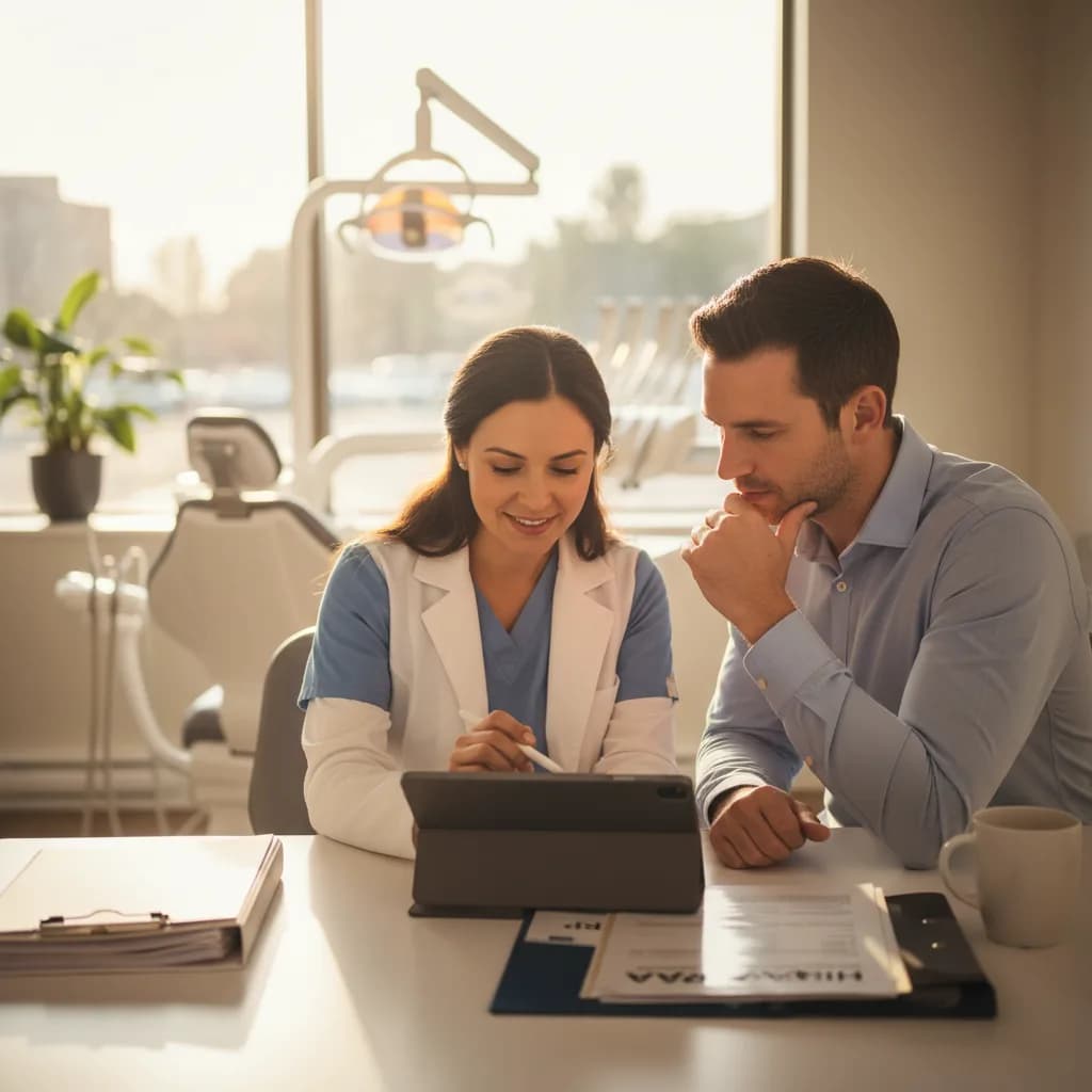 Dentist reviewing a negative online review on a computer in an office, calmly drafting a HIPAA-compliant response safely