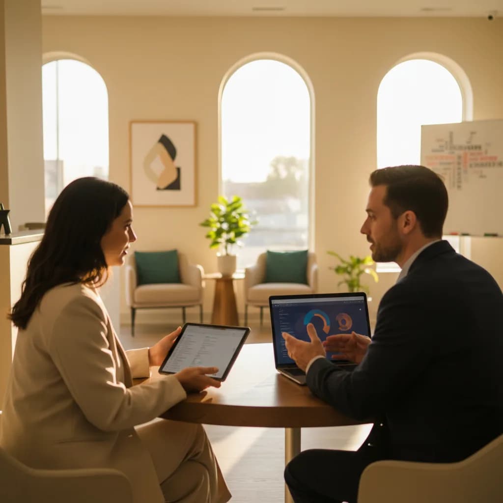 Smiling dentist reviewing SEO keyword plan on laptop with local maps and dental icons, focused on attracting local patients