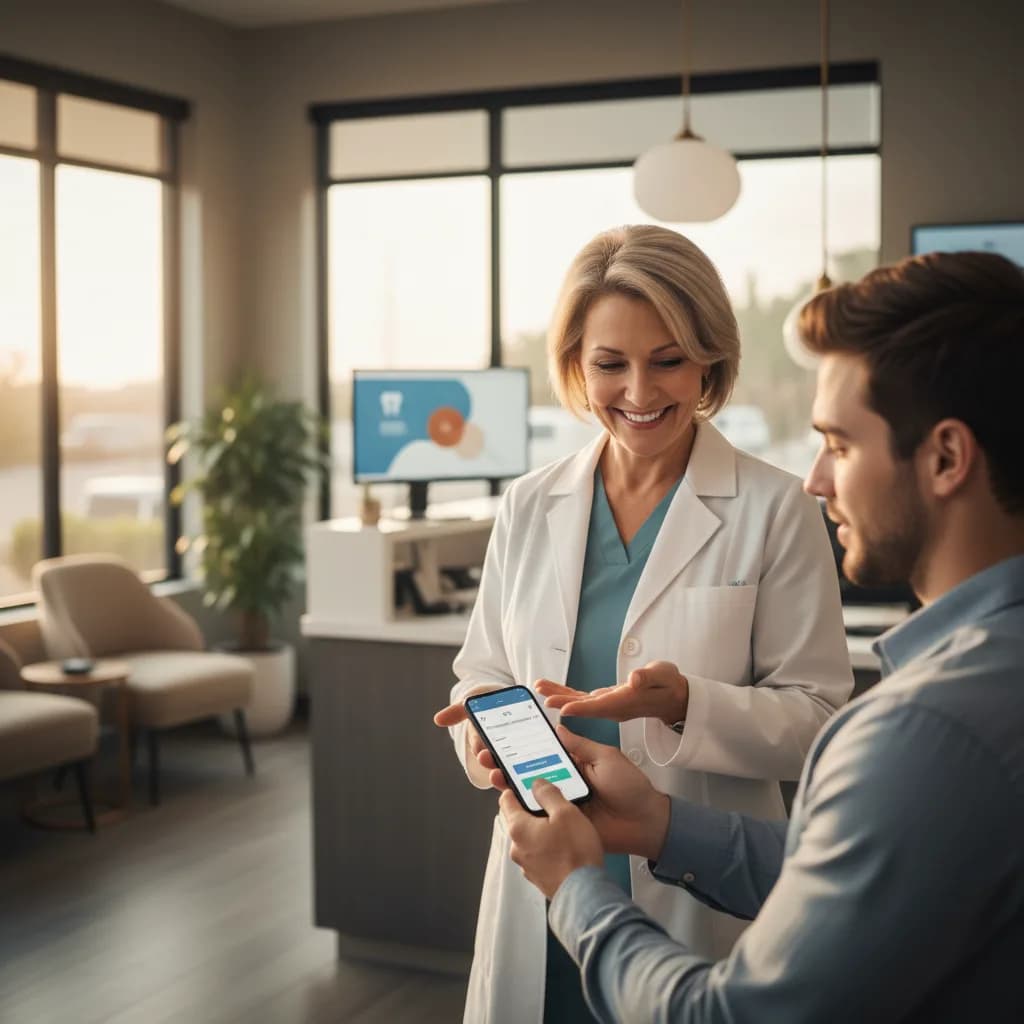 Patient using a smartphone to book a dental appointment on a fast mobile-optimized clinic website at home during daytime