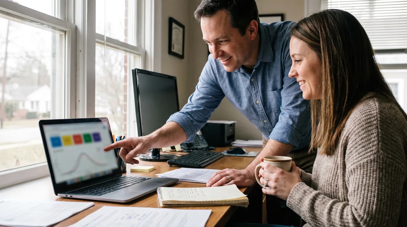 Dentist at modern desk reviewing blog analytics on computer, planning SEO content while education dental posts appear screen