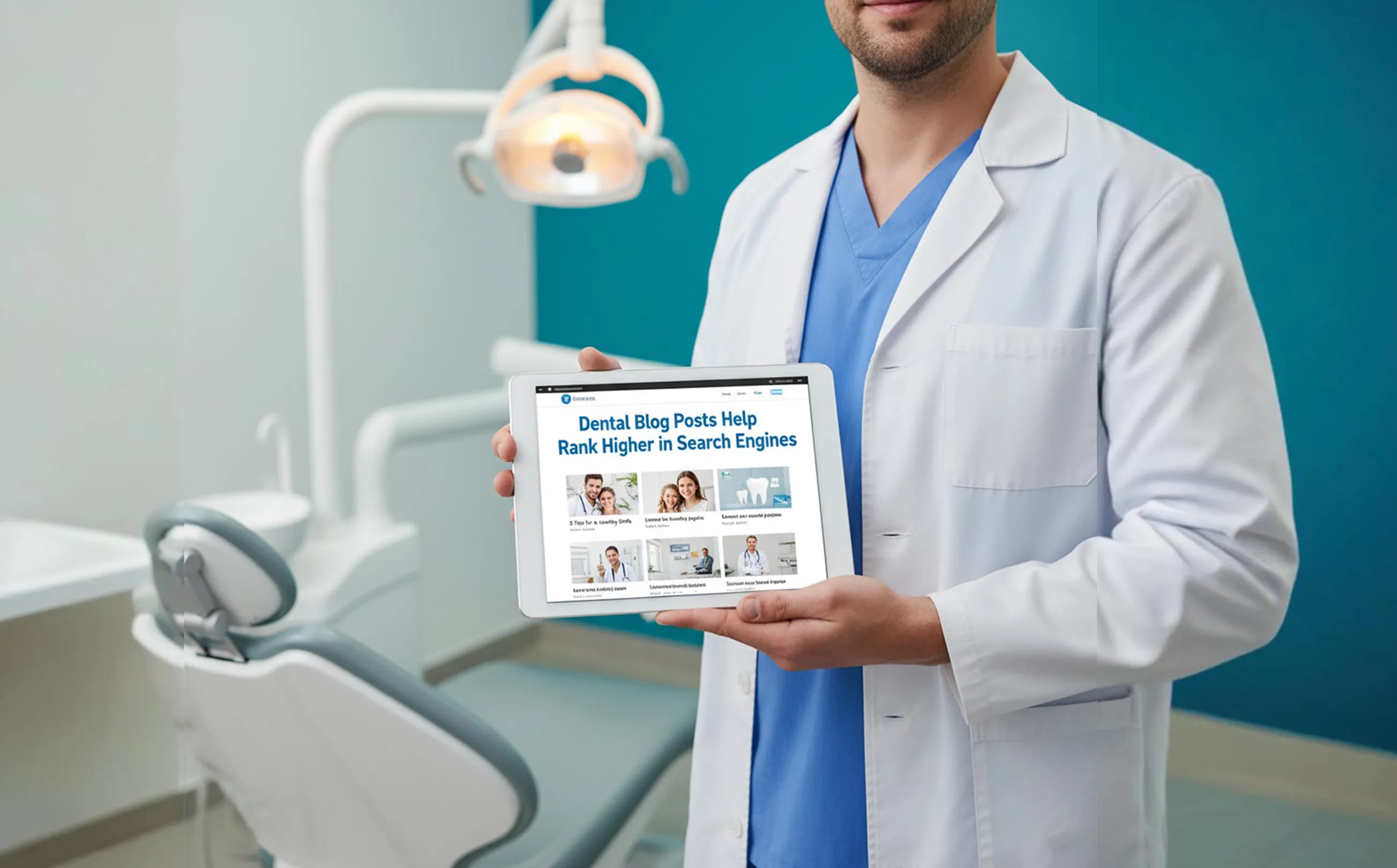 Dentist at modern desk reviewing blog analytics on computer, planning SEO content while education dental posts appear screen