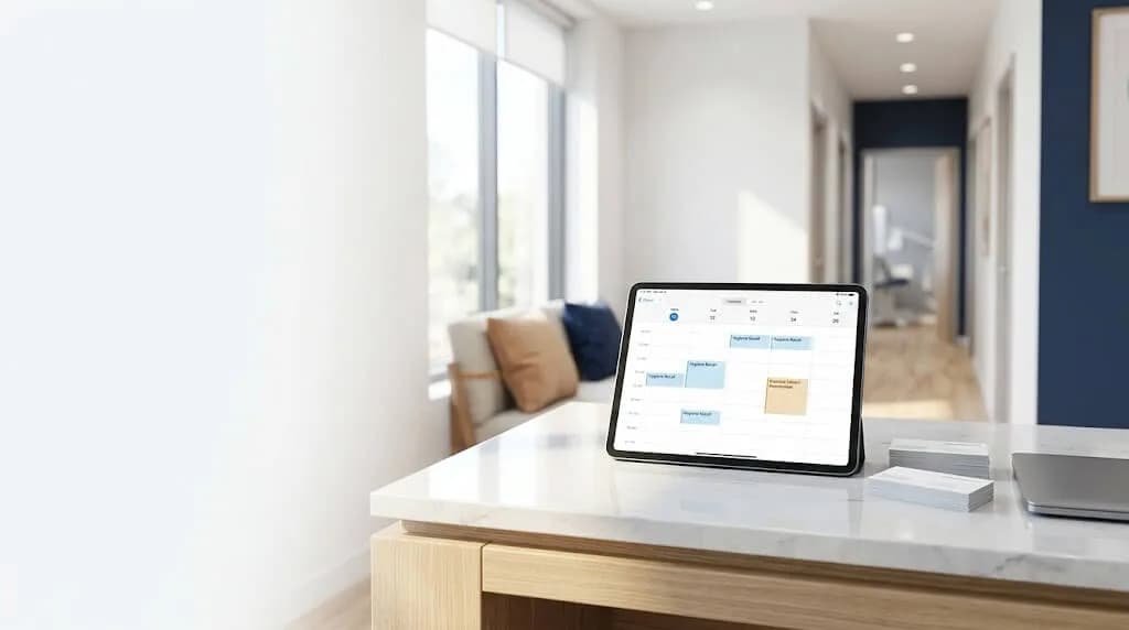 Photorealistic dental reception desk with a tablet showing a recall calendar and an overdue patient reactivation reminder, with a softly blurred hallway to treatment rooms in the background.