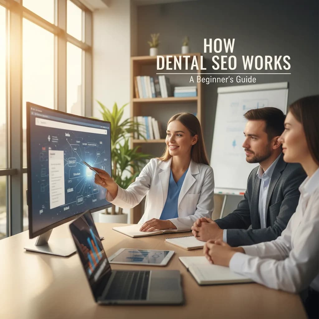 Dentist reviewing website analytics on a laptop while optimizing dental SEO strategy to attract local patients and improve