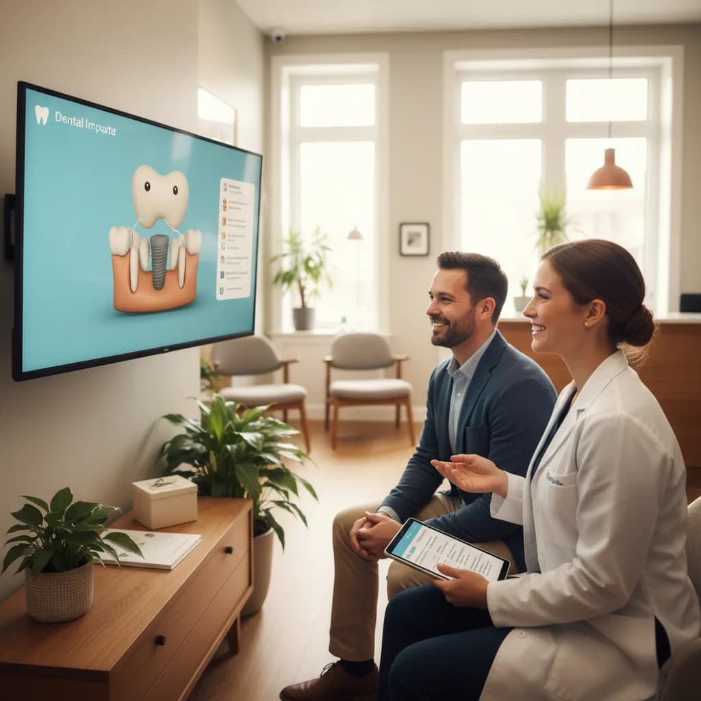Dentist speaking on camera in a dental office while assistants smile, filming a welcoming video for new patients online