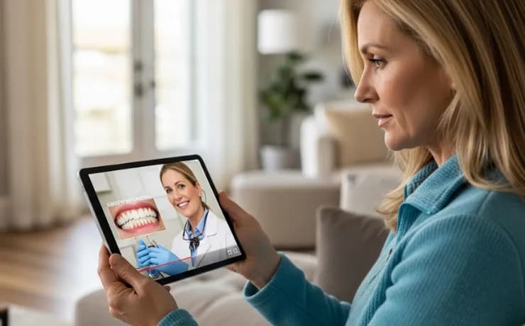 Dentist speaking on camera in a dental office while assistants smile, filming a welcoming video for new patients online
