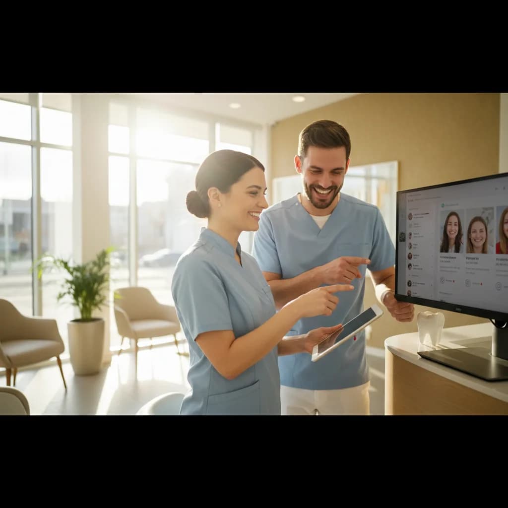 Smiling dentist filming a short Instagram video with a smartphone inside a modern dental office to promote services on social