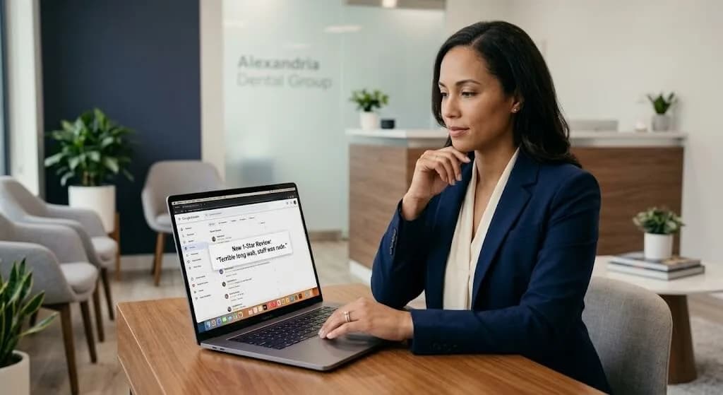 Dental practice owner composing a professional response to a negative Google review on a laptop in a modern dental office