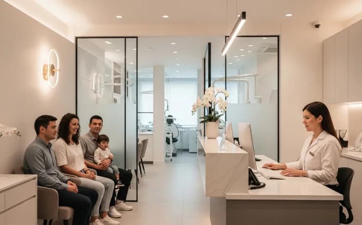 Dental office team reviewing Google Ads dashboard on a computer while phone rings, showing new patient calls from local searches