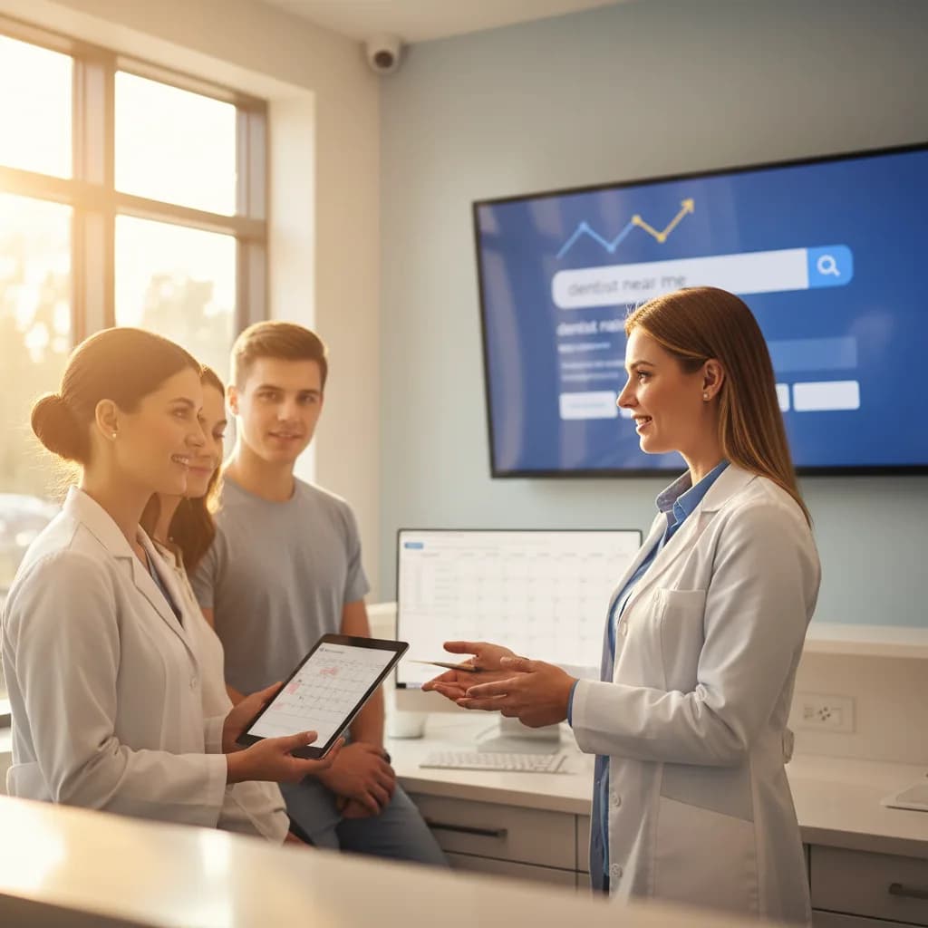 Dental office team reviewing Google Ads dashboard on a computer while phone rings, showing new patient calls from local searches