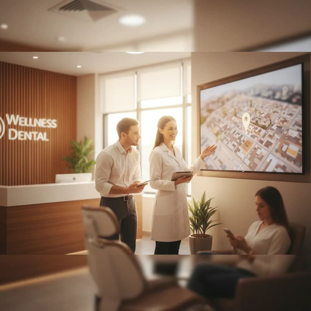 Smiling dental team inside modern clinic reviewing Google Maps local search results on a tablet to attract nearby patients