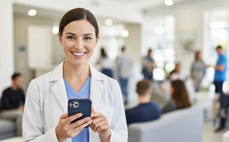 Dentist at computer reviewing Google rankings chart while patient books appointment, illustrating dental SEO timeline phase