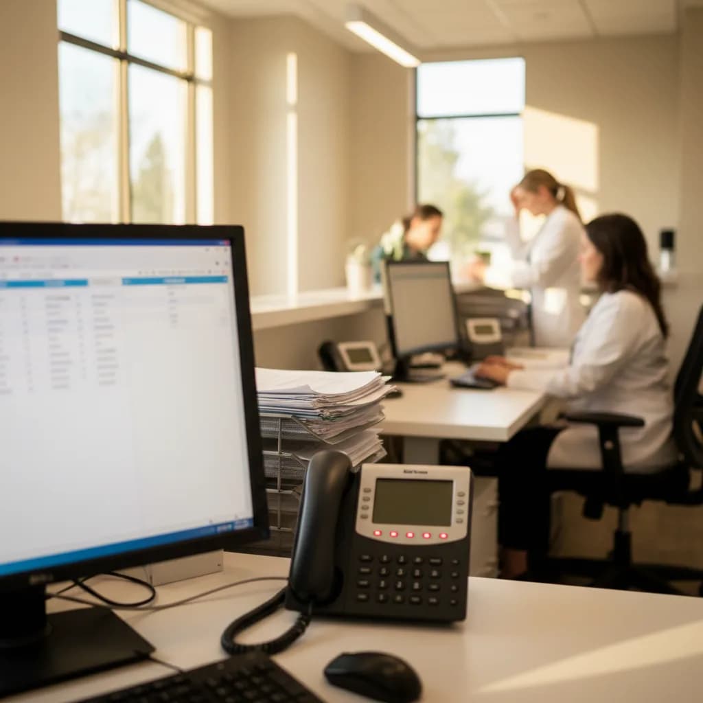 Close-up of a dental office telephone screen showing multiple missed call notifications at a reception desk.