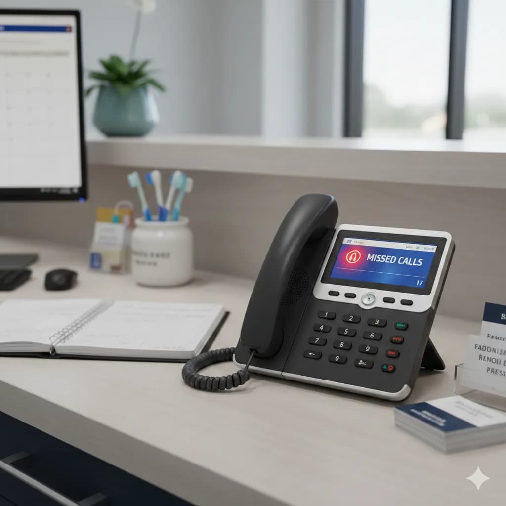 Close-up of a dental office telephone screen showing multiple missed call notifications at a reception desk.