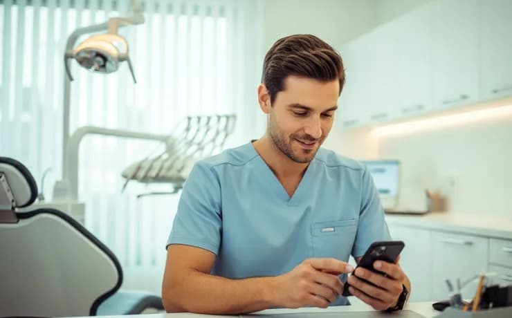 Dental marketing planning social media posts on laptop, showing dentist profiles, charts and patient engagement icons