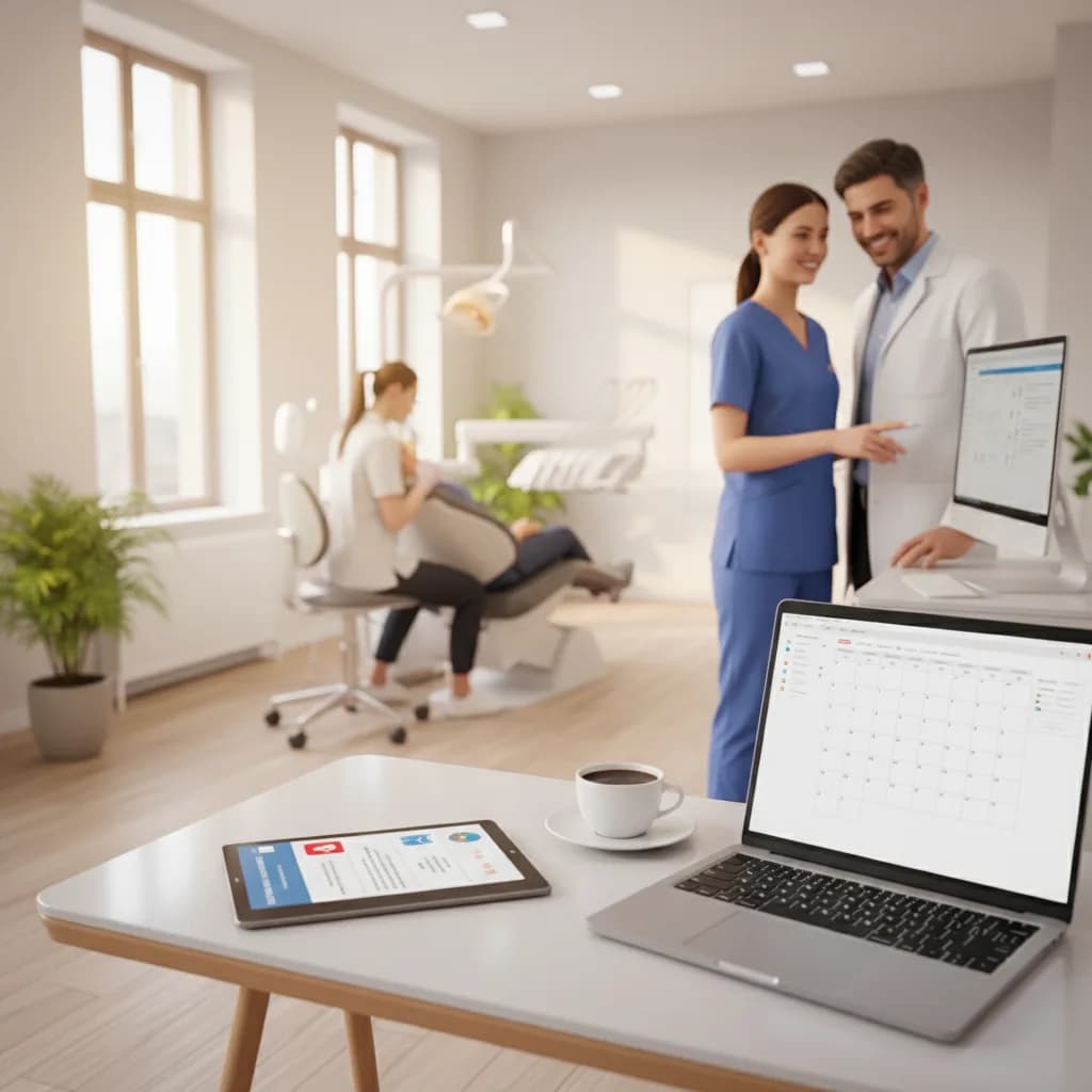 Dental marketing planning social media posts on laptop, showing dentist profiles, charts and patient engagement icons
