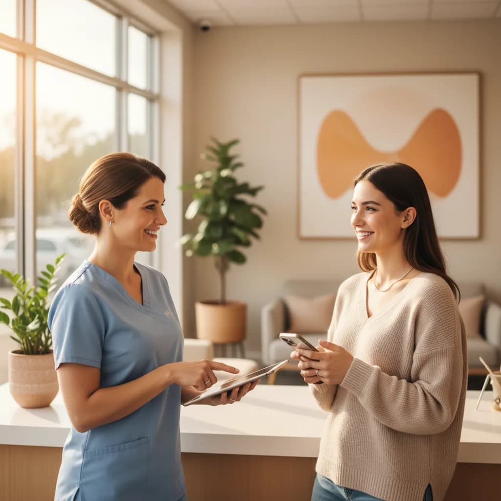 Dental hygienist smiling at patient while front desk displays QR code sign inviting dental patients to leave Google reviews
