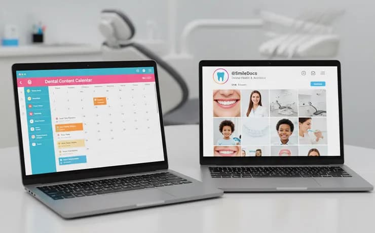 Dental team planning a monthly social media calendar on a laptop, reviewing post ideas, dates, and patient-friendly graphics