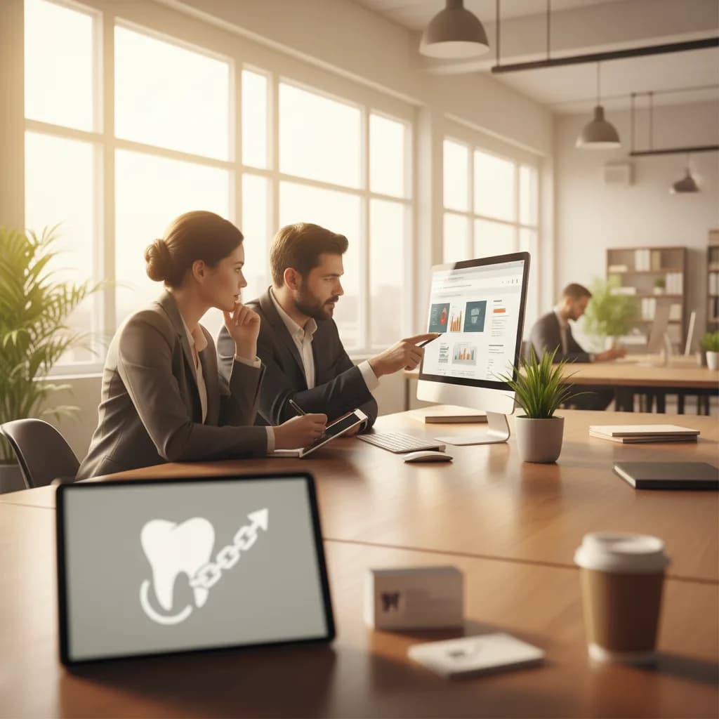 Dentist reviewing backlink strategy on laptop with community logos, analytics charts, and dental website content on screen