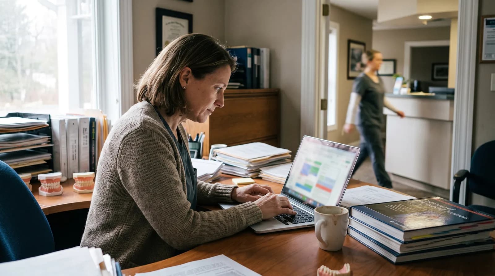 Dentist reviewing backlink strategy on laptop with community logos, analytics charts, and dental website content on screen