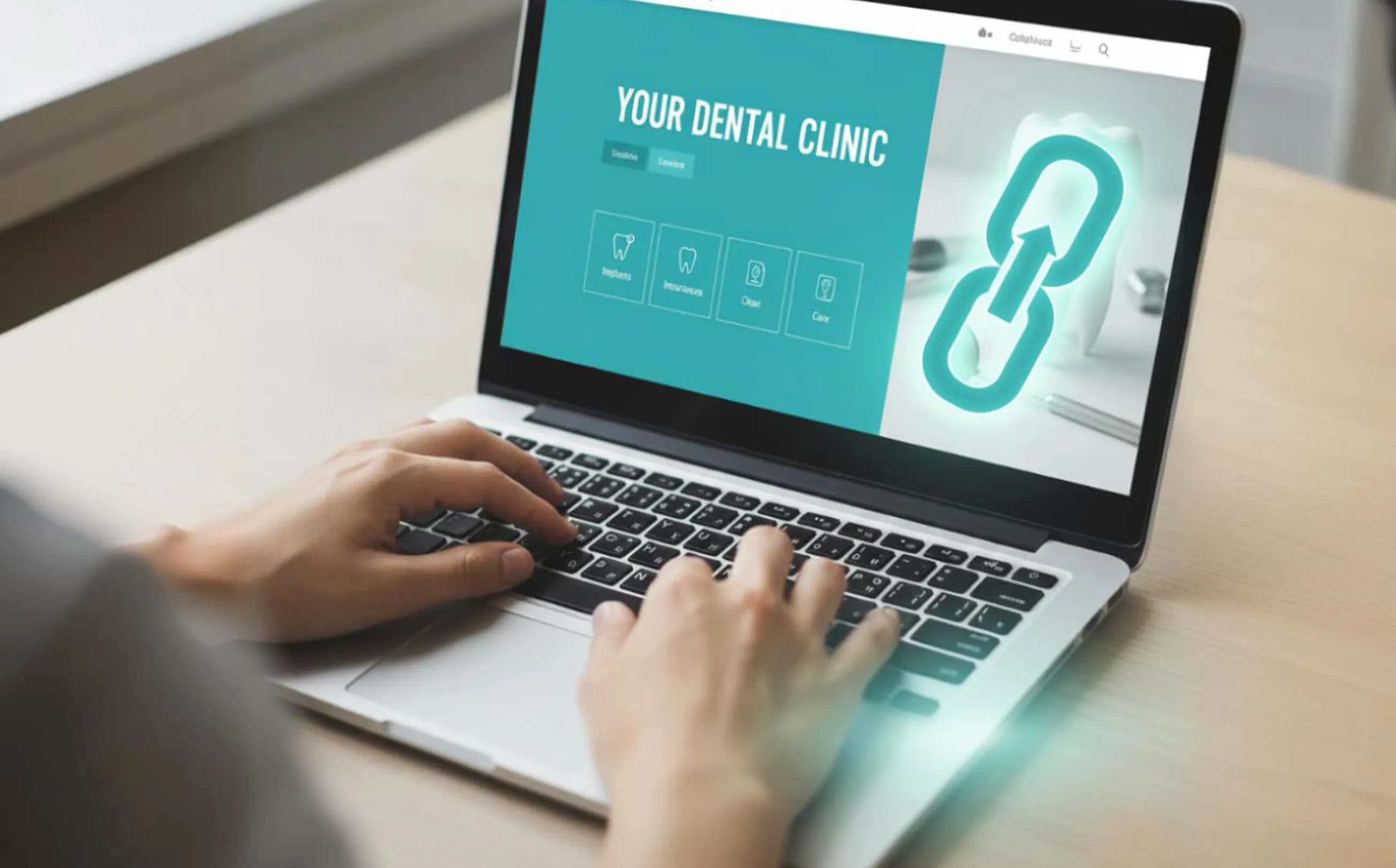 Dentist reviewing backlink strategy on laptop with community logos, analytics charts, and dental website content on screen