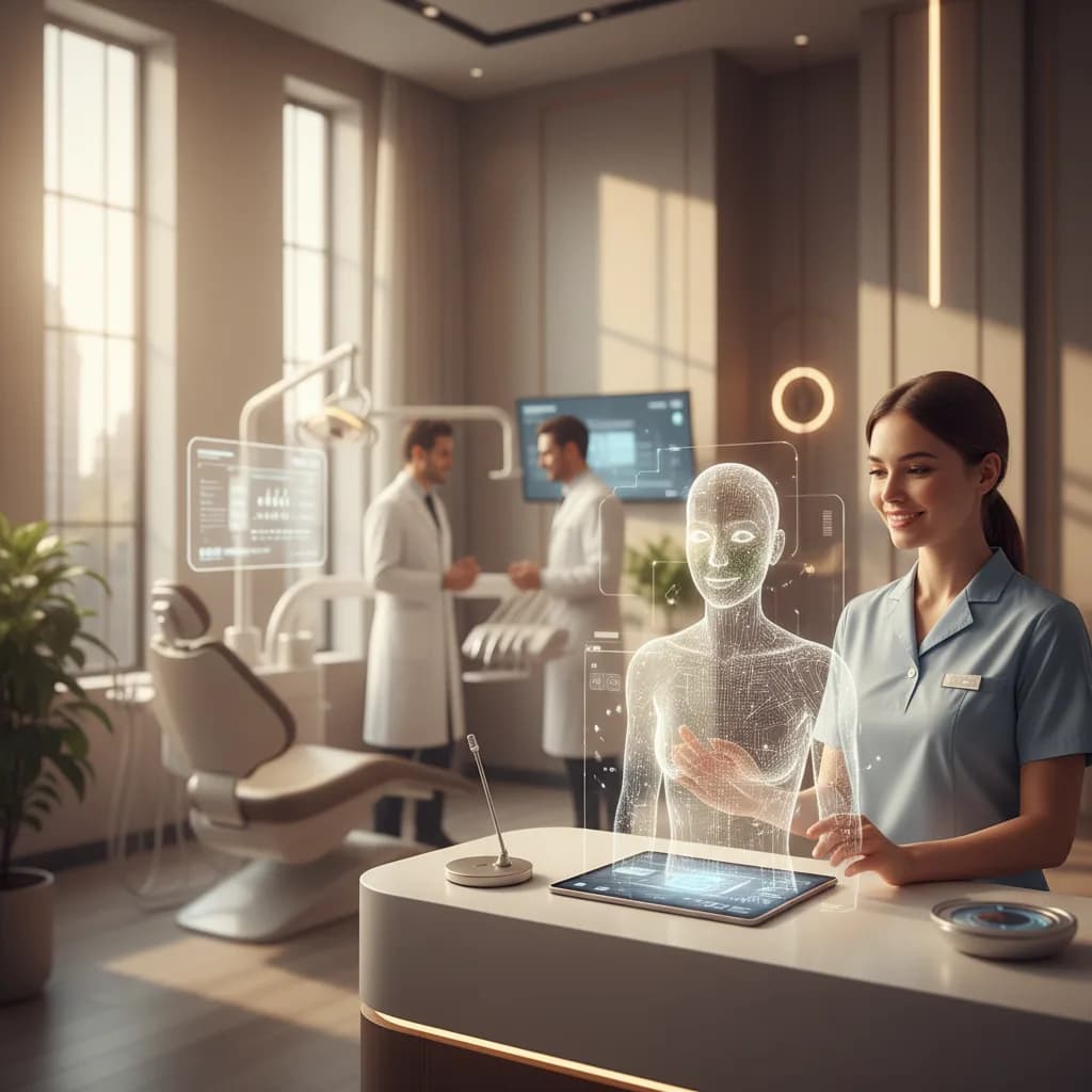 Digital display in a dental office showing AI receptionist features: 24/7 call answering, smart scheduling, multi-language support, insurance verification, and HIPAA security.