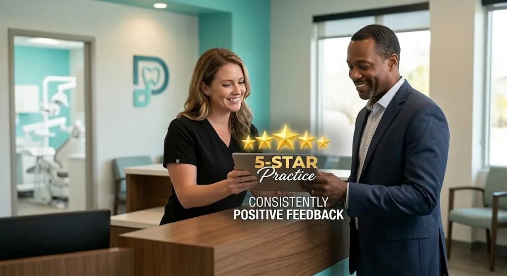 A thriving dental office where staff and patients celebrate a 5-star review score.
