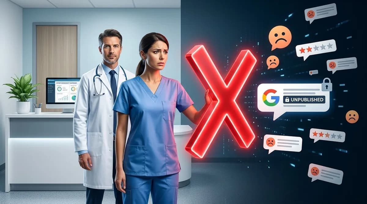 Dentist stopping an angry online review from going public with a shield and a "handle negative dental feedback" message.