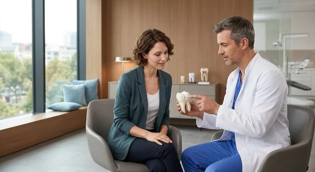 Dentist and patient reviewing a 3D tooth model during a treatment plan consultation in a modern dental office