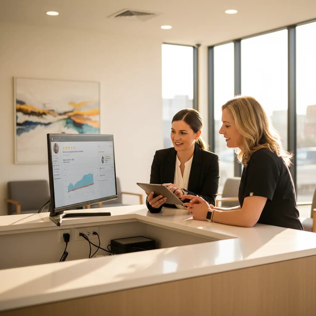 Dentist reviewing online patient reviews on laptop with team in modern dental office, improving reputation and trust