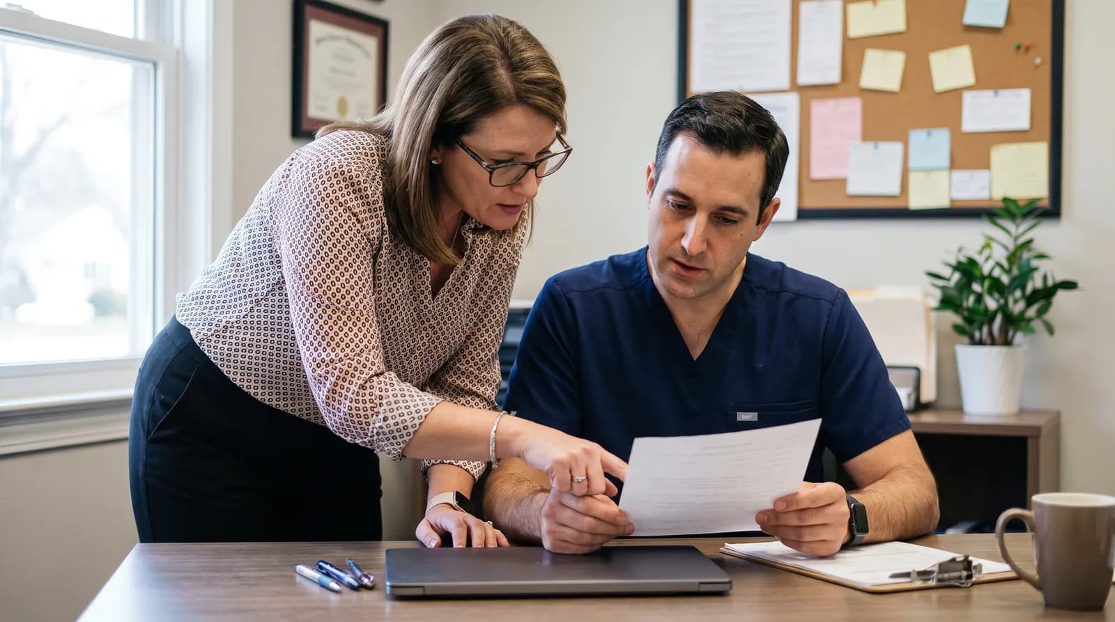Dentist reviewing online patient reviews on laptop with team in modern dental office, improving reputation and trust