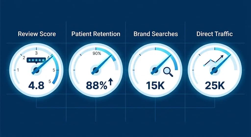 Dashboard illustration showing dental brand performance gauges for review score, patient retention, branded searches, and direct traffic