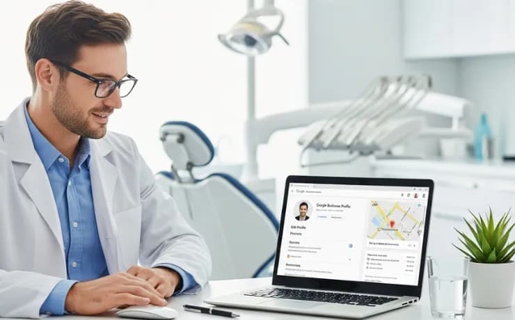 Dentist reviewing a Google Business Profile on a desktop while staff smile in a modern dental office with patient-ready rooms
