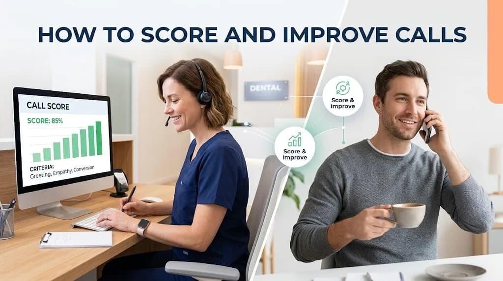 A dental office manager scores a patient phone call while the patient smiles during a positive conversation.