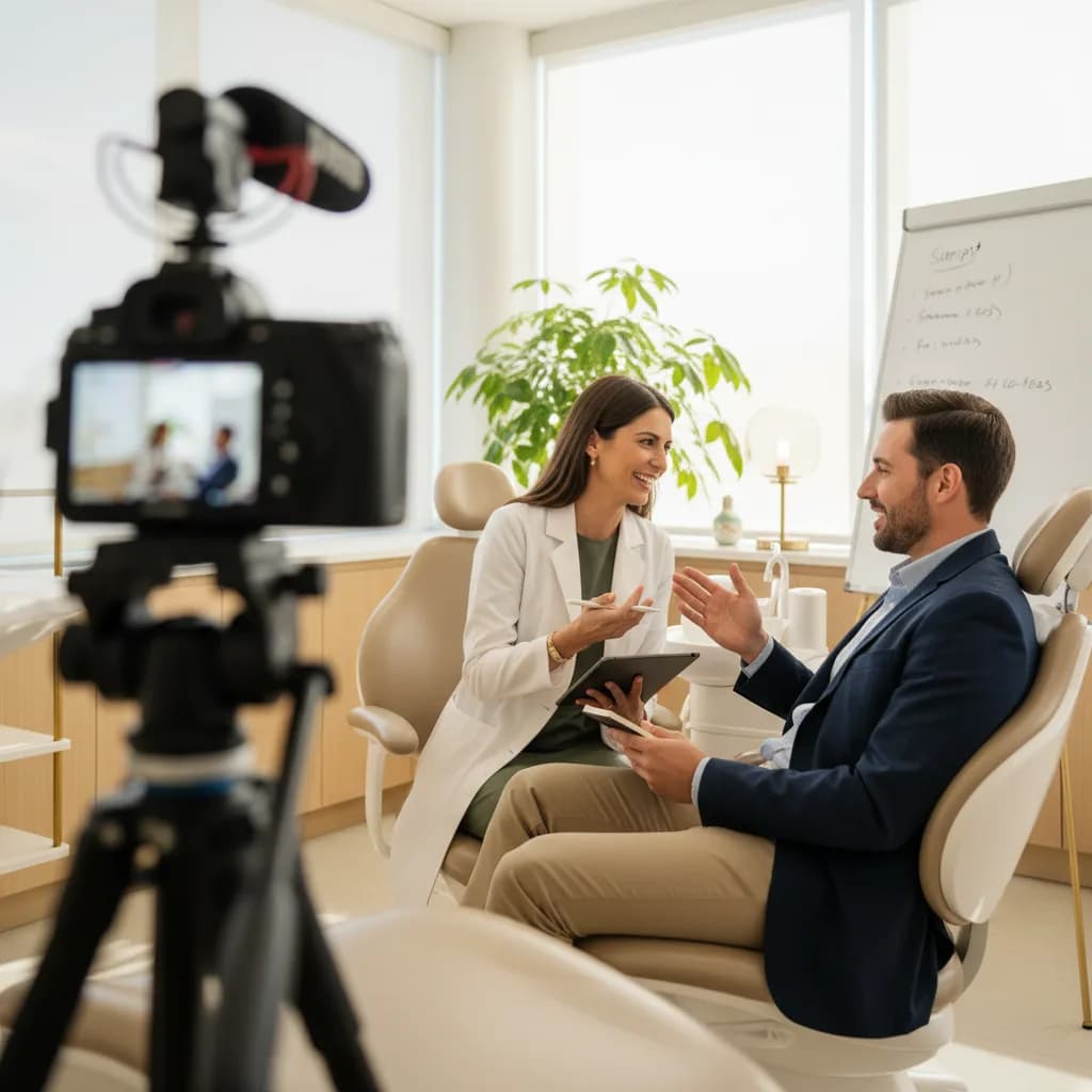 Patient seated in a dental office sharing an unscripted testimonial video, speaking naturally to camera