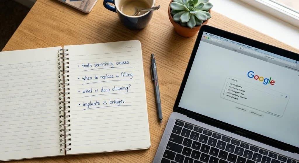 Dentist planning blog content on a laptop in a modern dental office workspace with visual cues of SEO strategy and patient growth.