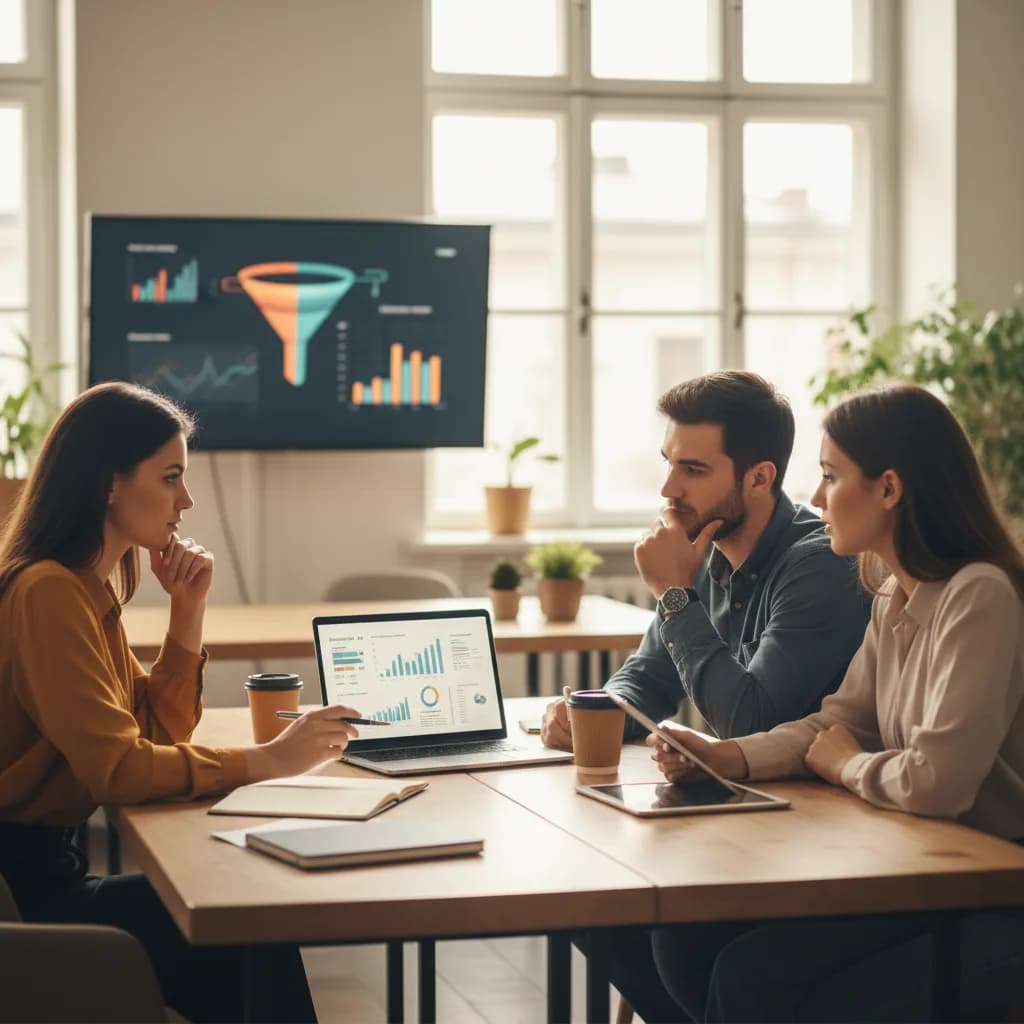 Dentist reviewing digital marketing ROI dashboard on laptop while team analyzes patient leads, revenue metrics, and ad performance