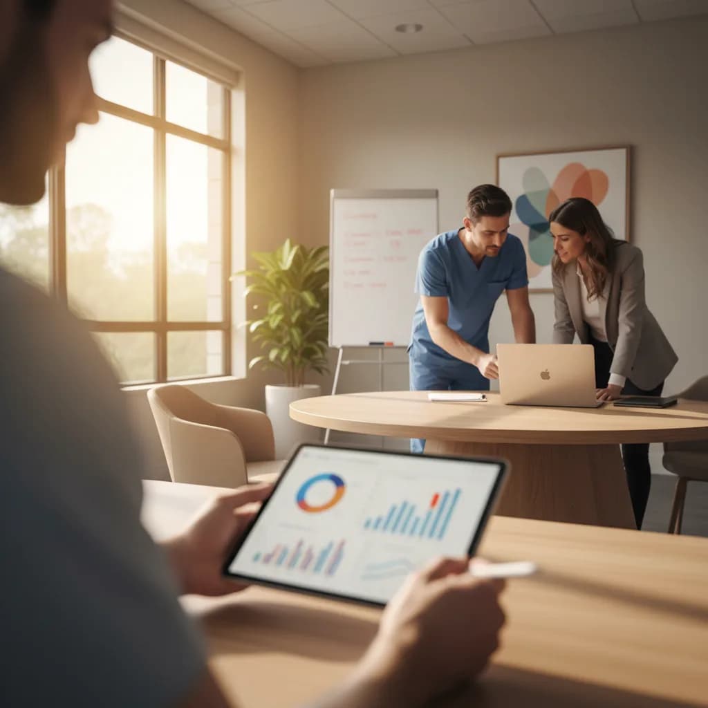 Dentist reviewing Google Ads ROI metrics on laptop in dental office, analyzing calls, conversions, and patient revenue growth
