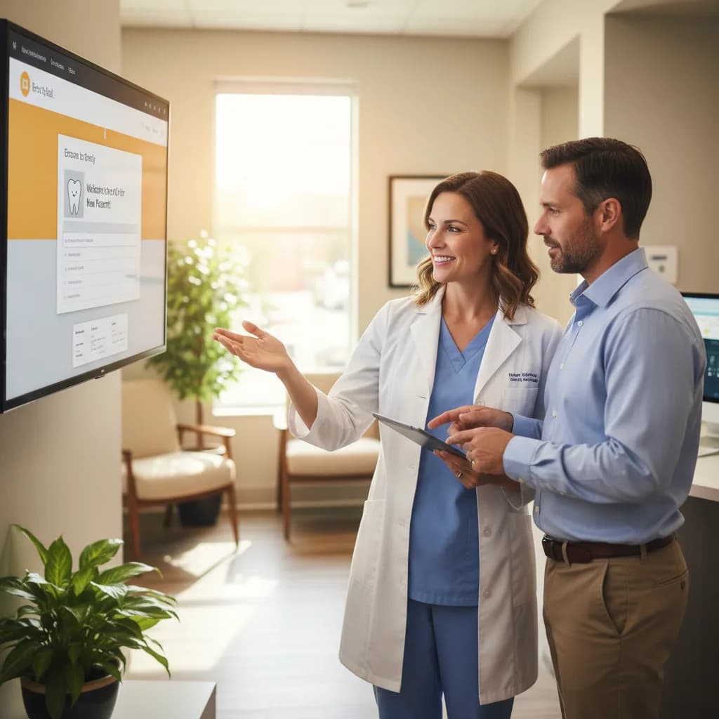 Dentist reviewing email campaign dashboard on tablet while team plans patient reminders and promotions