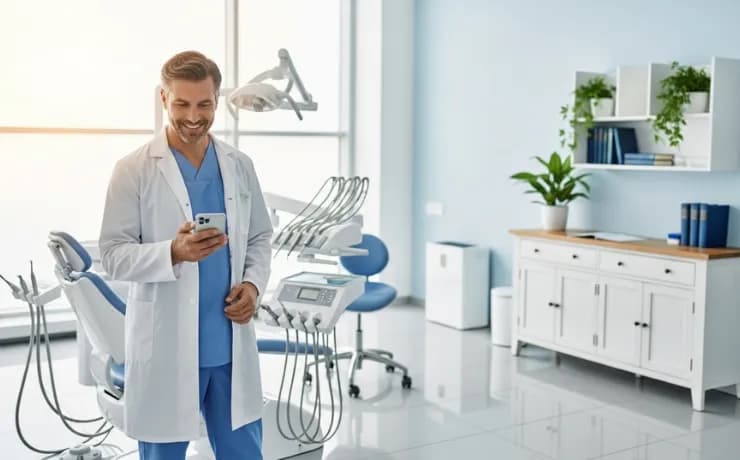 Dentist and dental team using smartphone in bright clinic to post before-and-after smile photos and stories on Instagram