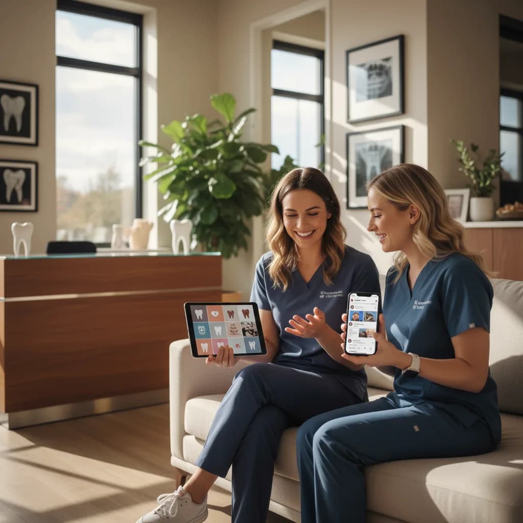Dental team filming Instagram story and feed post in clinic, dentist smiling while showing before-and-after photos on phone